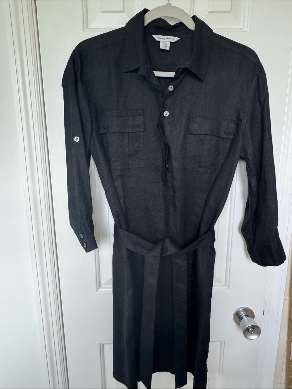 Tommy Bahama Black Long Sleeve Linen Shirt Dress with Tie Waist